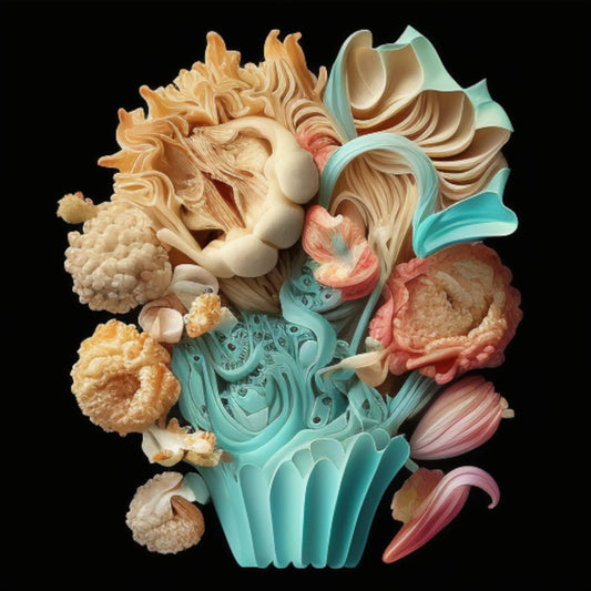 "Anatomical Lilies" explores Kurt Cobain’s artistic vision through AI-generated imagery, merging human anatomy with floral elements. These surreal compositions reflect themes of fragility, transformation, and decay, capturing the raw emotional intensity found in Cobain’s work.