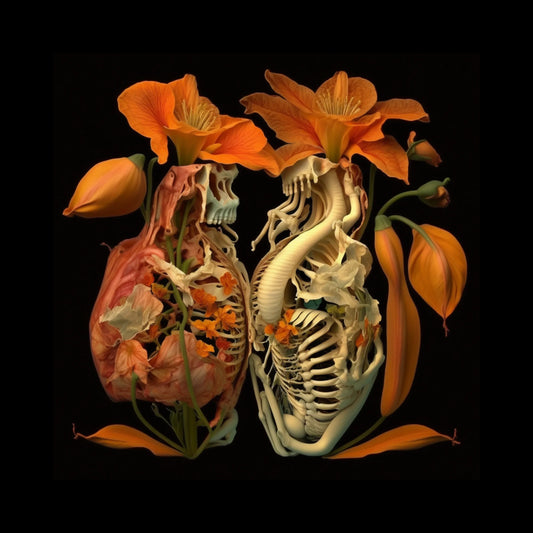 "Anatomical Lilies" explores Kurt Cobain’s artistic vision through AI-generated imagery, merging human anatomy with floral elements. These surreal compositions reflect themes of fragility, transformation, and decay, capturing the raw emotional intensity found in Cobain’s work.