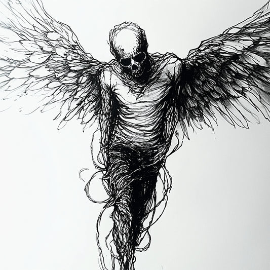 A haunting series of black-and-white illustrations depicting angelic figures caught between divinity and decay. These ethereal beings, with skeletal forms and tattered wings, evoke themes of transcendence, fragility, and the eternal struggle between light and darkness.