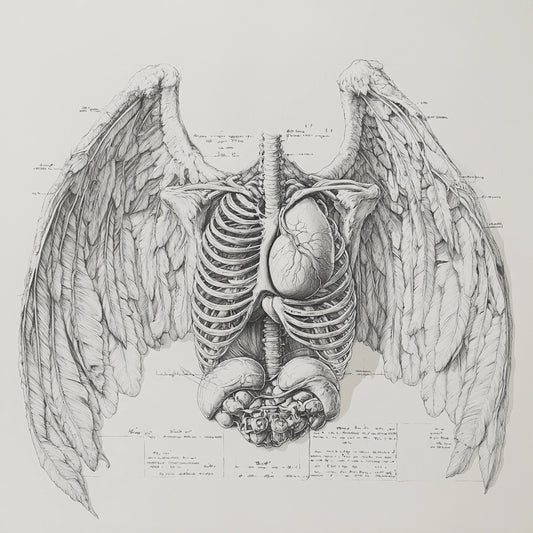 A haunting series of black-and-white illustrations depicting angelic figures caught between divinity and decay. These ethereal beings, with skeletal forms and tattered wings, evoke themes of transcendence, fragility, and the eternal struggle between light and darkness.
