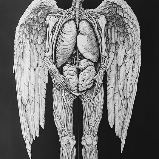 A haunting series of black-and-white illustrations depicting angelic figures caught between divinity and decay. These ethereal beings, with skeletal forms and tattered wings, evoke themes of transcendence, fragility, and the eternal struggle between light and darkness.