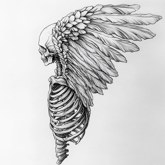 A haunting series of black-and-white illustrations depicting angelic figures caught between divinity and decay. These ethereal beings, with skeletal forms and tattered wings, evoke themes of transcendence, fragility, and the eternal struggle between light and darkness.