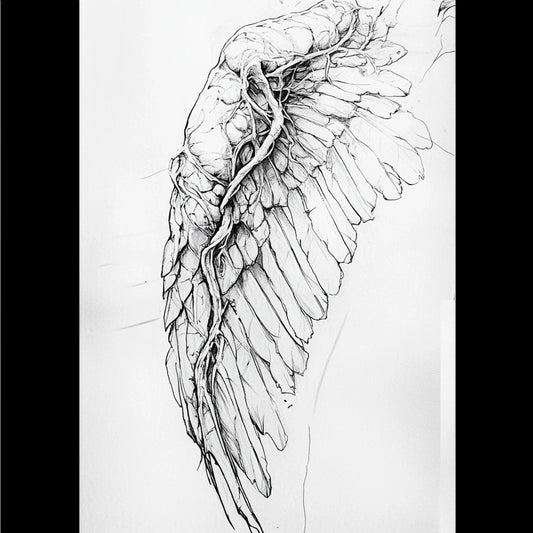 A haunting series of black-and-white illustrations depicting angelic figures caught between divinity and decay. These ethereal beings, with skeletal forms and tattered wings, evoke themes of transcendence, fragility, and the eternal struggle between light and darkness.