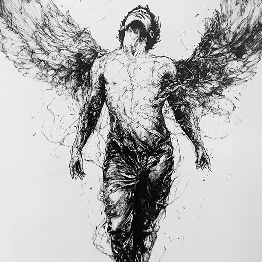 A haunting series of black-and-white illustrations depicting angelic figures caught between divinity and decay. These ethereal beings, with skeletal forms and tattered wings, evoke themes of transcendence, fragility, and the eternal struggle between light and darkness.