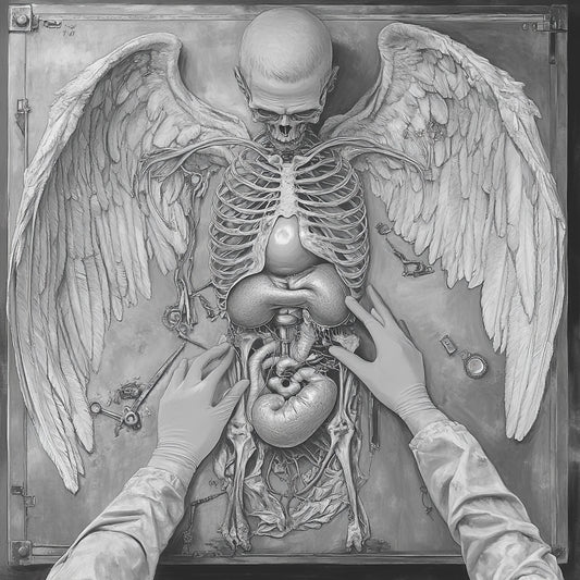 A haunting series of black-and-white illustrations depicting angelic figures caught between divinity and decay. These ethereal beings, with skeletal forms and tattered wings, evoke themes of transcendence, fragility, and the eternal struggle between light and darkness.