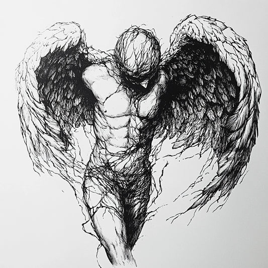 A haunting series of black-and-white illustrations depicting angelic figures caught between divinity and decay. These ethereal beings, with skeletal forms and tattered wings, evoke themes of transcendence, fragility, and the eternal struggle between light and darkness.