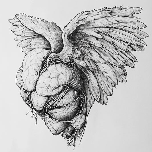 A haunting series of black-and-white illustrations depicting angelic figures caught between divinity and decay. These ethereal beings, with skeletal forms and tattered wings, evoke themes of transcendence, fragility, and the eternal struggle between light and darkness.