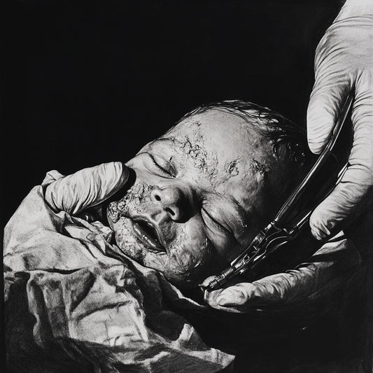 A striking series of black-and-white illustrations exploring the raw and fragile essence of birth. These images capture the tension between life’s beginning and the clinical precision of intervention, depicting newborns in moments of vulnerability, surgical tools, and the delicate touch of gloved hands. The series evokes both the wonder and the eerie fragility of existence.