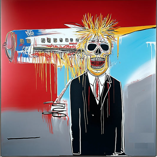 Surreal and expressive painting of a suited figure with a skeletal face, set against a backdrop of an airplane crash. The artwork combines bold colors, dripping paint, and distorted anatomy to explore themes of mortality, capitalism, and destruction. The fusion of skull motifs with business attire evokes a haunting critique of power and corporate greed, reminiscent of Basquiat’s raw neo-expressionist style.