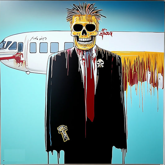 Surreal and expressive painting of a suited figure with a skeletal face, set against a backdrop of an airplane crash. The artwork combines bold colors, dripping paint, and distorted anatomy to explore themes of mortality, capitalism, and destruction. The fusion of skull motifs with business attire evokes a haunting critique of power and corporate greed, reminiscent of Basquiat’s raw neo-expressionist style.