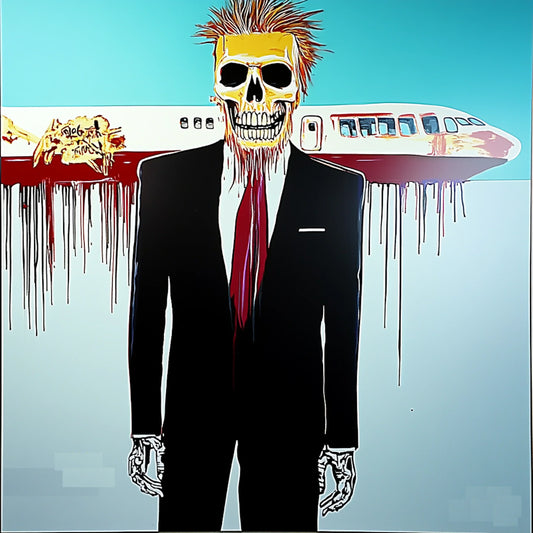 Surreal and expressive painting of a suited figure with a skeletal face, set against a backdrop of an airplane crash. The artwork combines bold colors, dripping paint, and distorted anatomy to explore themes of mortality, capitalism, and destruction. The fusion of skull motifs with business attire evokes a haunting critique of power and corporate greed, reminiscent of Basquiat’s raw neo-expressionist style.