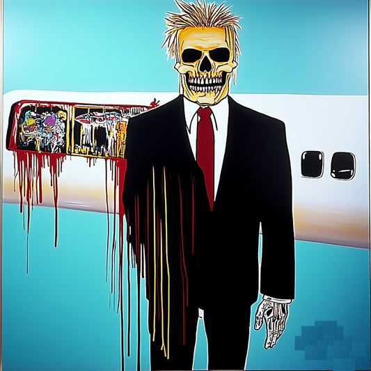 Surreal and expressive painting of a suited figure with a skeletal face, set against a backdrop of an airplane crash. The artwork combines bold colors, dripping paint, and distorted anatomy to explore themes of mortality, capitalism, and destruction. The fusion of skull motifs with business attire evokes a haunting critique of power and corporate greed, reminiscent of Basquiat’s raw neo-expressionist style.