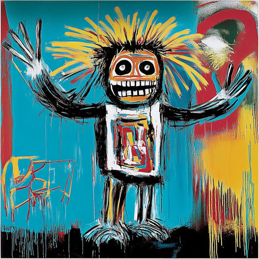Surreal and expressive painting of a suited figure with a skeletal face, set against a backdrop of an airplane crash. The artwork combines bold colors, dripping paint, and distorted anatomy to explore themes of mortality, capitalism, and destruction. The fusion of skull motifs with business attire evokes a haunting critique of power and corporate greed, reminiscent of Basquiat’s raw neo-expressionist style.