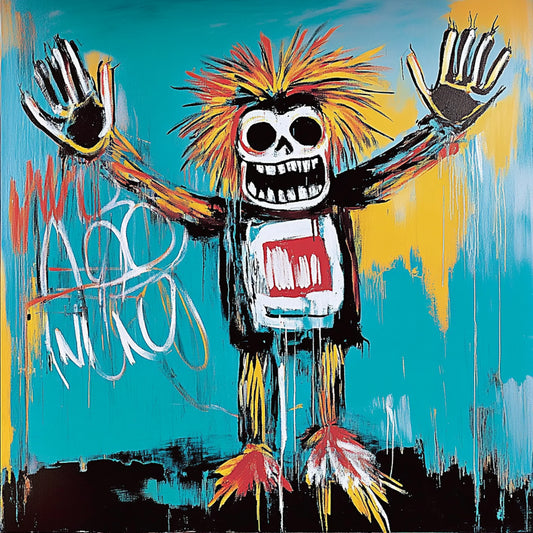 Surreal and expressive painting of a suited figure with a skeletal face, set against a backdrop of an airplane crash. The artwork combines bold colors, dripping paint, and distorted anatomy to explore themes of mortality, capitalism, and destruction. The fusion of skull motifs with business attire evokes a haunting critique of power and corporate greed, reminiscent of Basquiat’s raw neo-expressionist style.