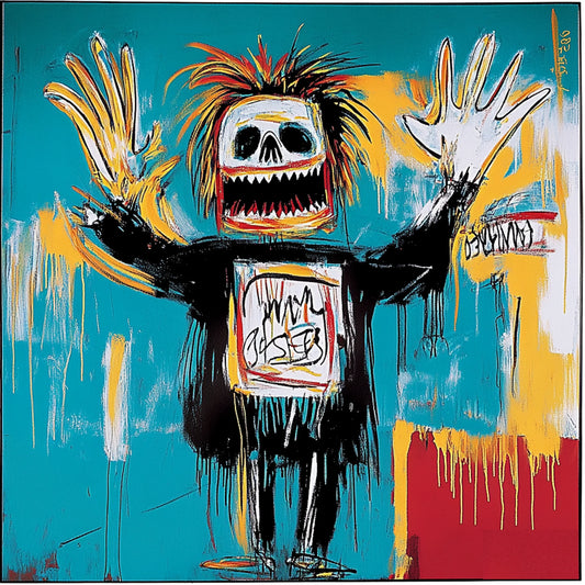 Surreal and expressive painting of a suited figure with a skeletal face, set against a backdrop of an airplane crash. The artwork combines bold colors, dripping paint, and distorted anatomy to explore themes of mortality, capitalism, and destruction. The fusion of skull motifs with business attire evokes a haunting critique of power and corporate greed, reminiscent of Basquiat’s raw neo-expressionist style.