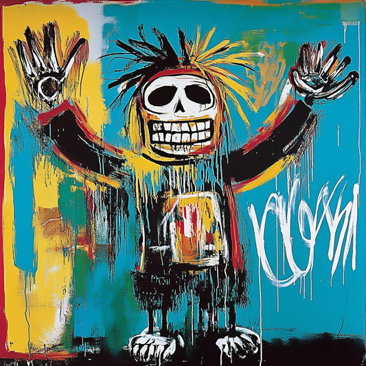 Surreal and expressive painting of a suited figure with a skeletal face, set against a backdrop of an airplane crash. The artwork combines bold colors, dripping paint, and distorted anatomy to explore themes of mortality, capitalism, and destruction. The fusion of skull motifs with business attire evokes a haunting critique of power and corporate greed, reminiscent of Basquiat’s raw neo-expressionist style.