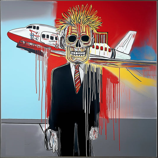 Surreal and expressive painting of a suited figure with a skeletal face, set against a backdrop of an airplane crash. The artwork combines bold colors, dripping paint, and distorted anatomy to explore themes of mortality, capitalism, and destruction. The fusion of skull motifs with business attire evokes a haunting critique of power and corporate greed, reminiscent of Basquiat’s raw neo-expressionist style.