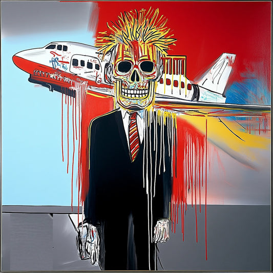 Surreal and expressive painting of a suited figure with a skeletal face, set against a backdrop of an airplane crash. The artwork combines bold colors, dripping paint, and distorted anatomy to explore themes of mortality, capitalism, and destruction. The fusion of skull motifs with business attire evokes a haunting critique of power and corporate greed, reminiscent of Basquiat’s raw neo-expressionist style.