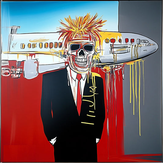 Surreal and expressive painting of a suited figure with a skeletal face, set against a backdrop of an airplane crash. The artwork combines bold colors, dripping paint, and distorted anatomy to explore themes of mortality, capitalism, and destruction. The fusion of skull motifs with business attire evokes a haunting critique of power and corporate greed, reminiscent of Basquiat’s raw neo-expressionist style.