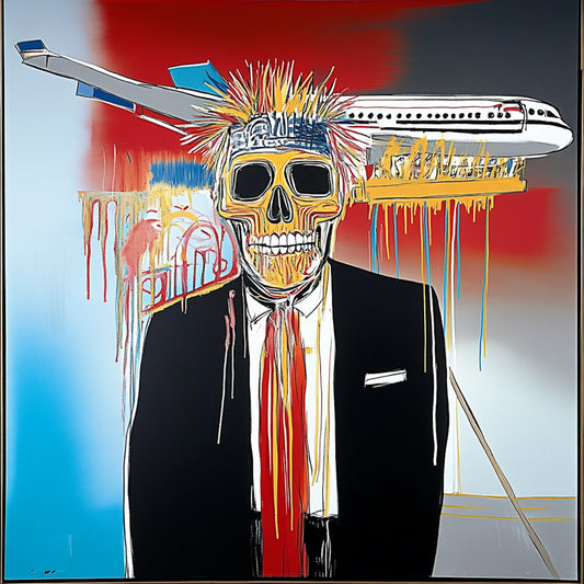 Surreal and expressive painting of a suited figure with a skeletal face, set against a backdrop of an airplane crash. The artwork combines bold colors, dripping paint, and distorted anatomy to explore themes of mortality, capitalism, and destruction. The fusion of skull motifs with business attire evokes a haunting critique of power and corporate greed, reminiscent of Basquiat’s raw neo-expressionist style.