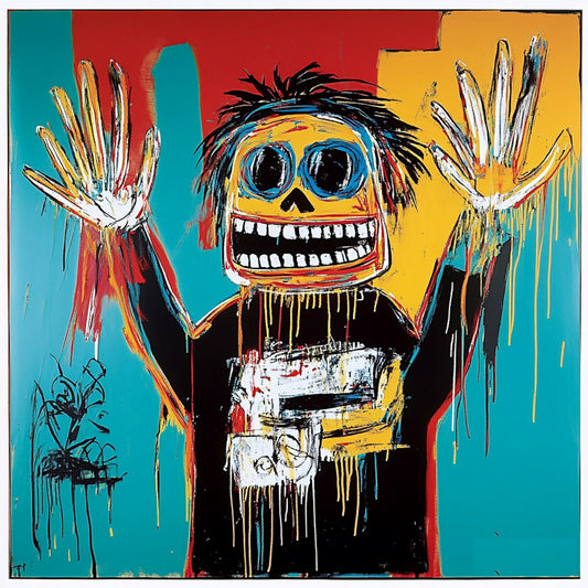 Surreal and expressive painting of a suited figure with a skeletal face, set against a backdrop of an airplane crash. The artwork combines bold colors, dripping paint, and distorted anatomy to explore themes of mortality, capitalism, and destruction. The fusion of skull motifs with business attire evokes a haunting critique of power and corporate greed, reminiscent of Basquiat’s raw neo-expressionist style.