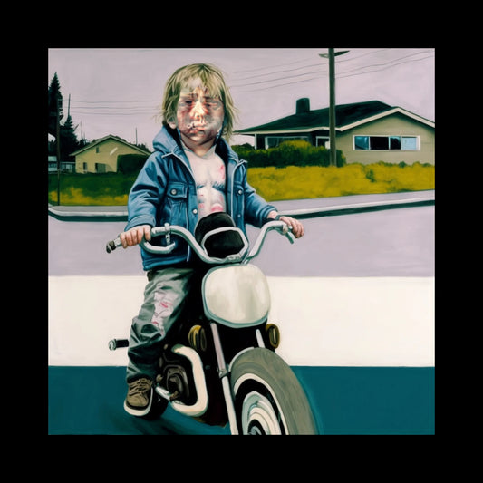 AI-generated series exploring Kurt Cobain's childhood through surreal, nostalgic, and eerie imagery inspired by his art. These images reinterpret his early years, blending innocence with themes of isolation, creativity, and angst. Each scene reflects Cobain's complex emotional world, merging reality with dreamlike distortion.