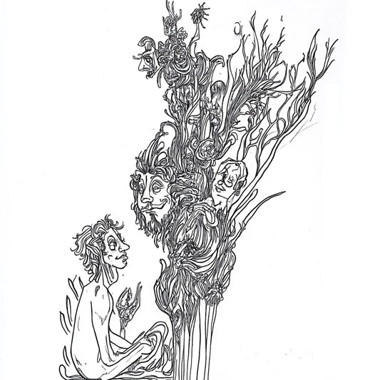 AI-generated artworks inspired by Austin Osman Spare, depicting demonic entities, chaos magick, and subconscious manifestations. The 'Demons' series reinterprets Spare’s automatic drawing, capturing grotesque figures emerging from the unconscious. These images evoke spirits, infernal beings, and apparitions, rendered in intricate line work. Each piece explores a liminal space where nightmare and reality merge in perpetual transformation.