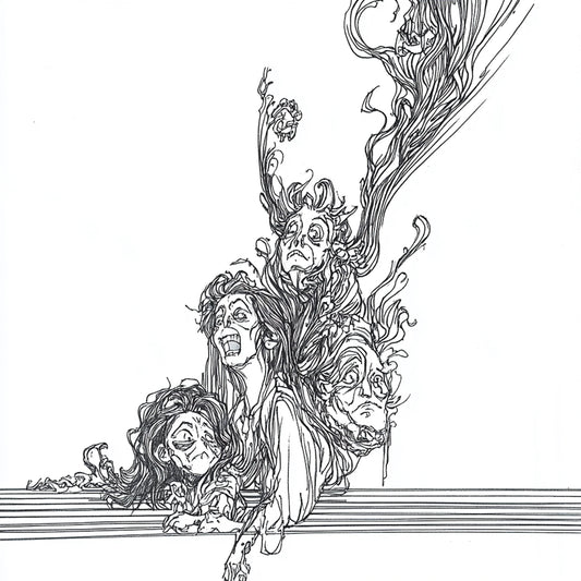 AI-generated artworks inspired by Austin Osman Spare, depicting demonic entities, chaos magick, and subconscious manifestations. The 'Demons' series reinterprets Spare’s automatic drawing, capturing grotesque figures emerging from the unconscious. These images evoke spirits, infernal beings, and apparitions, rendered in intricate line work. Each piece explores a liminal space where nightmare and reality merge in perpetual transformation.