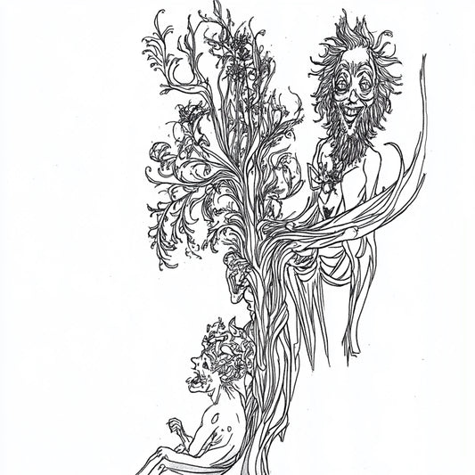 AI-generated artworks inspired by Austin Osman Spare, depicting demonic entities, chaos magick, and subconscious manifestations. The 'Demons' series reinterprets Spare’s automatic drawing, capturing grotesque figures emerging from the unconscious. These images evoke spirits, infernal beings, and apparitions, rendered in intricate line work. Each piece explores a liminal space where nightmare and reality merge in perpetual transformation.