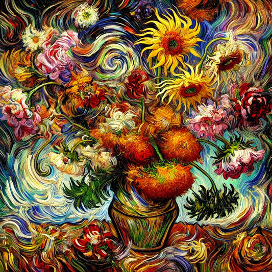 Vibrant swirling floral arrangement inspired by Van Gogh, featuring sunflowers, roses, and wildflowers in bold, expressive brushstrokes. A fusion of Impressionism and Post-Impressionism, evoking Van Gogh’s emotional intensity and movement.