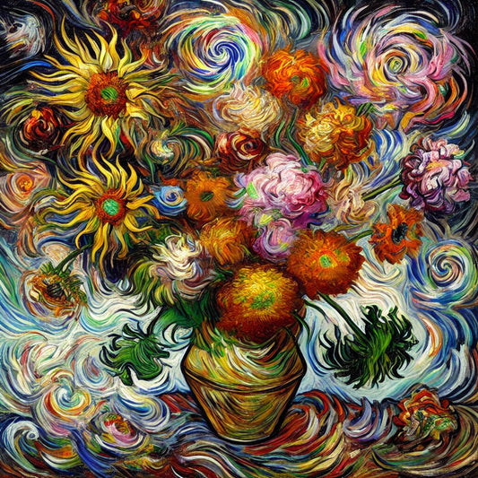 Vibrant swirling floral arrangement inspired by Van Gogh, featuring sunflowers, roses, and wildflowers in bold, expressive brushstrokes. A fusion of Impressionism and Post-Impressionism, evoking Van Gogh’s emotional intensity and movement.