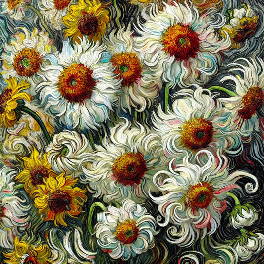 Vibrant swirling floral arrangement inspired by Van Gogh, featuring sunflowers, roses, and wildflowers in bold, expressive brushstrokes. A fusion of Impressionism and Post-Impressionism, evoking Van Gogh’s emotional intensity and movement.