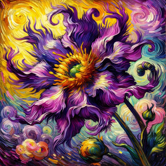 Vibrant swirling floral arrangement inspired by Van Gogh, featuring sunflowers, roses, and wildflowers in bold, expressive brushstrokes. A fusion of Impressionism and Post-Impressionism, evoking Van Gogh’s emotional intensity and movement.