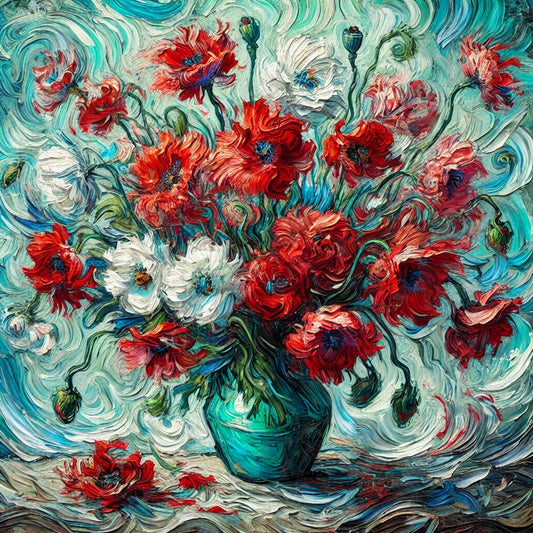 Vibrant swirling floral arrangement inspired by Van Gogh, featuring sunflowers, roses, and wildflowers in bold, expressive brushstrokes. A fusion of Impressionism and Post-Impressionism, evoking Van Gogh’s emotional intensity and movement.