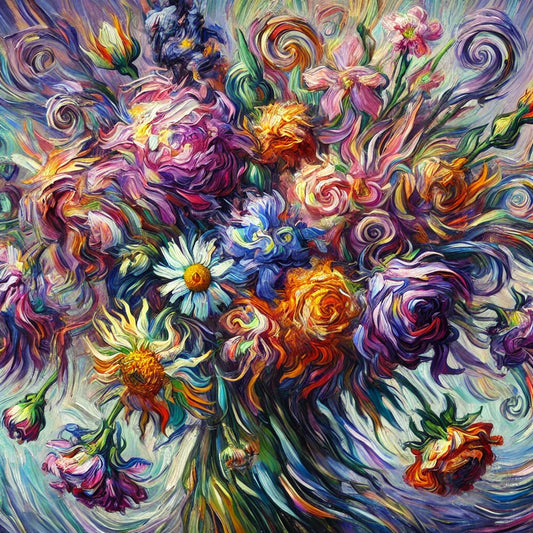 Vibrant swirling floral arrangement inspired by Van Gogh, featuring sunflowers, roses, and wildflowers in bold, expressive brushstrokes. A fusion of Impressionism and Post-Impressionism, evoking Van Gogh’s emotional intensity and movement.
