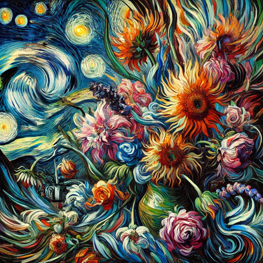 Vibrant swirling floral arrangement inspired by Van Gogh, featuring sunflowers, roses, and wildflowers in bold, expressive brushstrokes. A fusion of Impressionism and Post-Impressionism, evoking Van Gogh’s emotional intensity and movement.