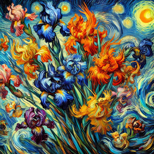 Vibrant swirling floral arrangement inspired by Van Gogh, featuring sunflowers, roses, and wildflowers in bold, expressive brushstrokes. A fusion of Impressionism and Post-Impressionism, evoking Van Gogh’s emotional intensity and movement.