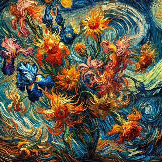 Vibrant swirling floral arrangement inspired by Van Gogh, featuring sunflowers, roses, and wildflowers in bold, expressive brushstrokes. A fusion of Impressionism and Post-Impressionism, evoking Van Gogh’s emotional intensity and movement.