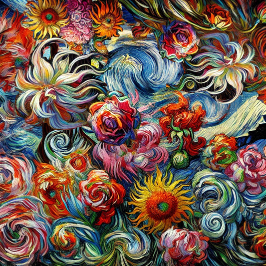 Vibrant swirling floral arrangement inspired by Van Gogh, featuring sunflowers, roses, and wildflowers in bold, expressive brushstrokes. A fusion of Impressionism and Post-Impressionism, evoking Van Gogh’s emotional intensity and movement.
