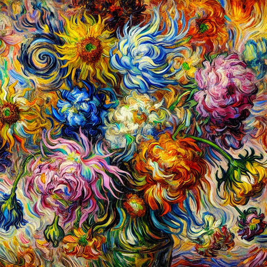 Vibrant swirling floral arrangement inspired by Van Gogh, featuring sunflowers, roses, and wildflowers in bold, expressive brushstrokes. A fusion of Impressionism and Post-Impressionism, evoking Van Gogh’s emotional intensity and movement.