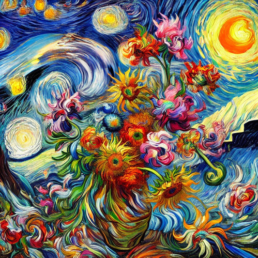 Vibrant swirling floral arrangement inspired by Van Gogh, featuring sunflowers, roses, and wildflowers in bold, expressive brushstrokes. A fusion of Impressionism and Post-Impressionism, evoking Van Gogh’s emotional intensity and movement.