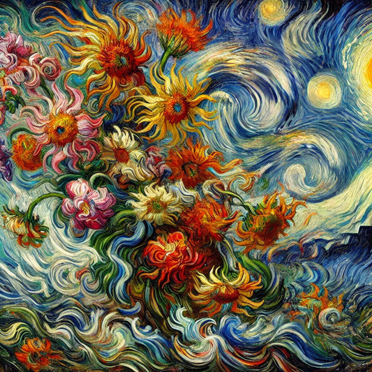 Vibrant swirling floral arrangement inspired by Van Gogh, featuring sunflowers, roses, and wildflowers in bold, expressive brushstrokes. A fusion of Impressionism and Post-Impressionism, evoking Van Gogh’s emotional intensity and movement.