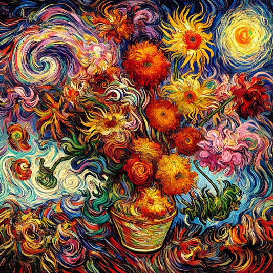 Vibrant swirling floral arrangement inspired by Van Gogh, featuring sunflowers, roses, and wildflowers in bold, expressive brushstrokes. A fusion of Impressionism and Post-Impressionism, evoking Van Gogh’s emotional intensity and movement.