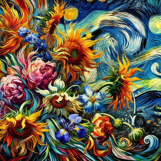 Vibrant swirling floral arrangement inspired by Van Gogh, featuring sunflowers, roses, and wildflowers in bold, expressive brushstrokes. A fusion of Impressionism and Post-Impressionism, evoking Van Gogh’s emotional intensity and movement.