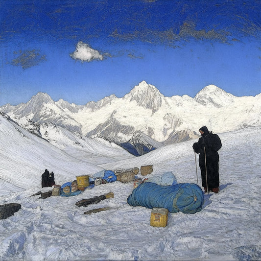 A series of digitally altered paintings inspired by Giovanni Segantini’s work depicting tourists in vast, snowy mountain landscapes. The images feature travelers in dark winter clothing standing or moving among scattered supplies, barrels, and tents, evoking a surreal, painterly aesthetic. The striking contrast between human presence and the untouched grandeur of the high-altitude environment highlights themes of solitude, exploration, and environmental impact.