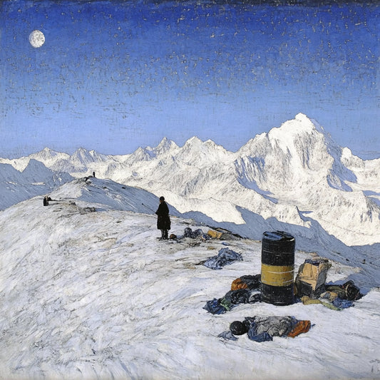 A series of digitally altered paintings inspired by Giovanni Segantini’s work depicting tourists in vast, snowy mountain landscapes. The images feature travelers in dark winter clothing standing or moving among scattered supplies, barrels, and tents, evoking a surreal, painterly aesthetic. The striking contrast between human presence and the untouched grandeur of the high-altitude environment highlights themes of solitude, exploration, and environmental impact.