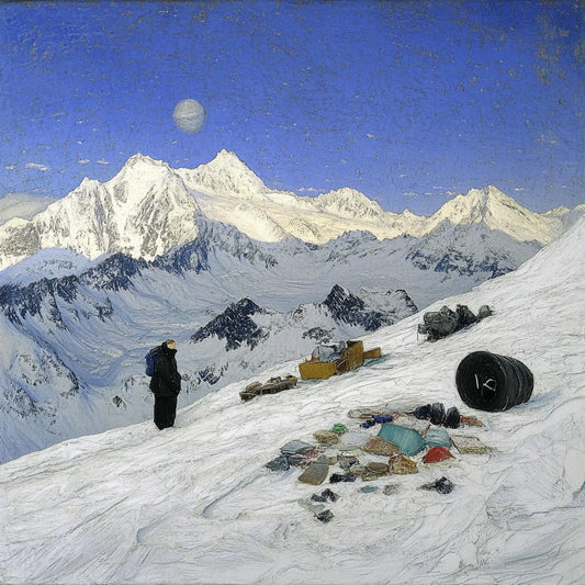 A series of digitally altered paintings inspired by Giovanni Segantini’s work depicting tourists in vast, snowy mountain landscapes. The images feature travelers in dark winter clothing standing or moving among scattered supplies, barrels, and tents, evoking a surreal, painterly aesthetic. The striking contrast between human presence and the untouched grandeur of the high-altitude environment highlights themes of solitude, exploration, and environmental impact.
