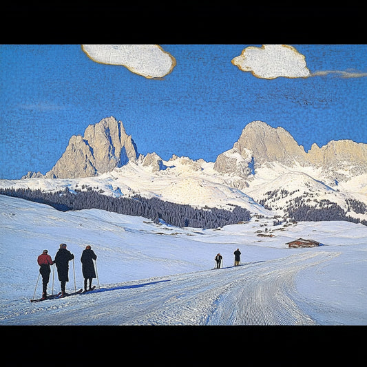 A series of digitally altered paintings inspired by Giovanni Segantini’s work depicting tourists in vast, snowy mountain landscapes. The images feature travelers in dark winter clothing standing or moving among scattered supplies, barrels, and tents, evoking a surreal, painterly aesthetic. The striking contrast between human presence and the untouched grandeur of the high-altitude environment highlights themes of solitude, exploration, and environmental impact.