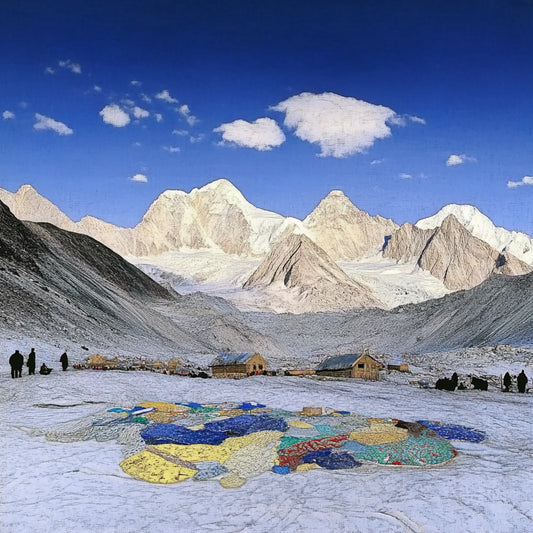 A series of digitally altered paintings inspired by Giovanni Segantini’s work depicting tourists in vast, snowy mountain landscapes. The images feature travelers in dark winter clothing standing or moving among scattered supplies, barrels, and tents, evoking a surreal, painterly aesthetic. The striking contrast between human presence and the untouched grandeur of the high-altitude environment highlights themes of solitude, exploration, and environmental impact.