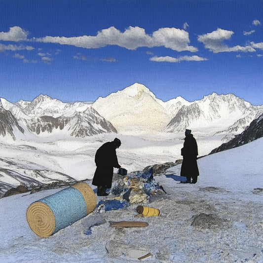A series of digitally altered paintings inspired by Giovanni Segantini’s work depicting tourists in vast, snowy mountain landscapes. The images feature travelers in dark winter clothing standing or moving among scattered supplies, barrels, and tents, evoking a surreal, painterly aesthetic. The striking contrast between human presence and the untouched grandeur of the high-altitude environment highlights themes of solitude, exploration, and environmental impact.